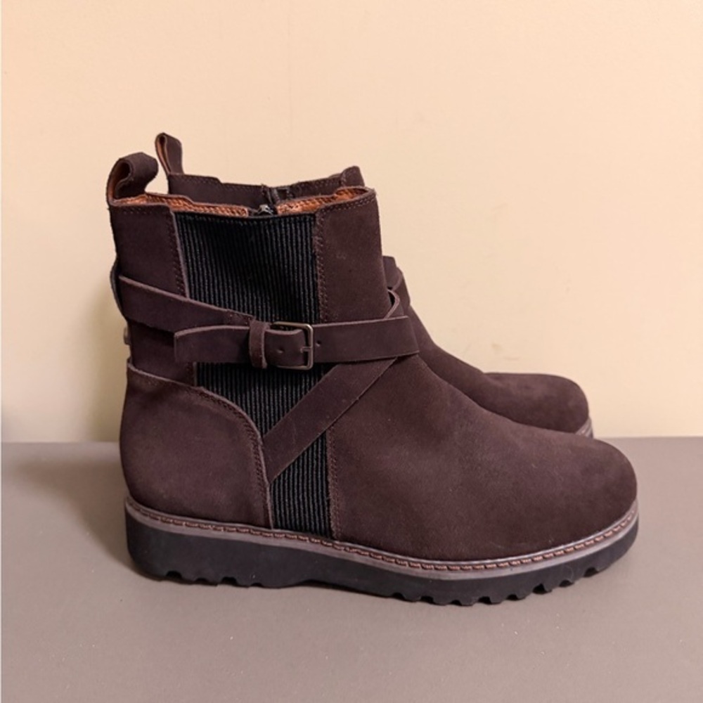 Donald J. Pliner Dark Brown Suede Ankle Booties with Buckle Strap